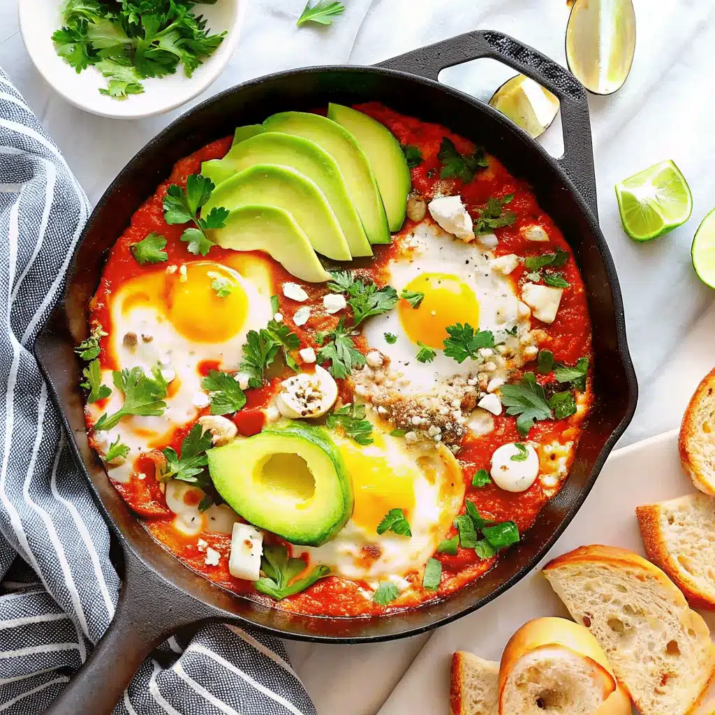Bright, Bold & Flavorful – Meals That Wake Up Your Routine Sunny side up eggs cooked in tomato sauce with sliced avocado and herbs in a cast iron skillet