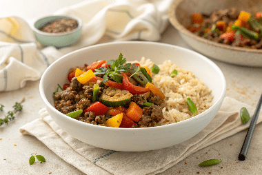 A white bowl filled with rice and colorful sautéed vegetables with ground beef, garnished with herbs