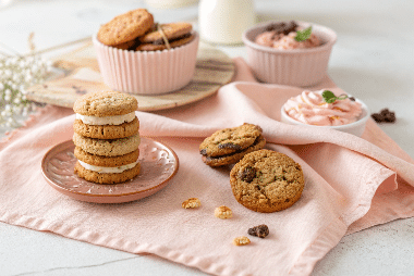 Stacked sandwich cookies and chocolate chip cookies on a peach cloth with whipped filling bowls