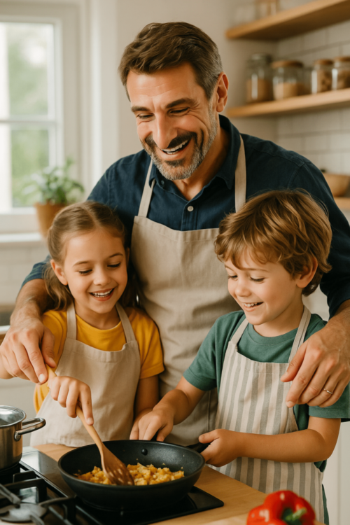 “Cooking with Dad: James Thompson’s RushMeals Family Moment” James Thompson cooking with his young daughter and son, all smiling in a bright kitchen while stirring food in a skillet.