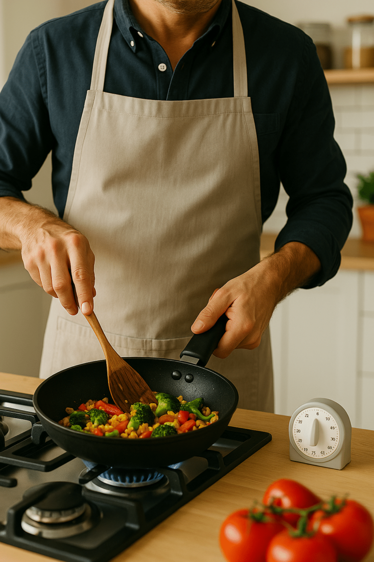 james James Thompson, focused and determined, stir-fries colorful vegetables in a black skillet over a gas flame, with a kitchen timer nearby on the counter.